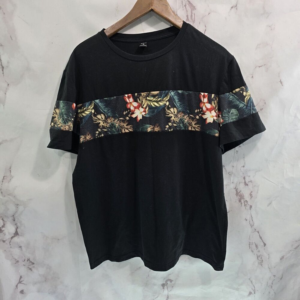Shein T Shirt Mens XL Black Monstera Tee Crew Neck Short Sleeve Leaf Planty